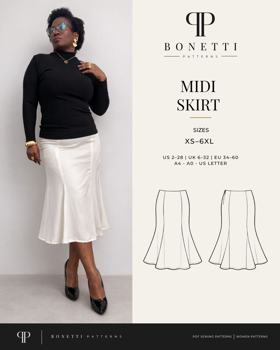 Luna Midi Skirt Sewing Pattern PDF for Women